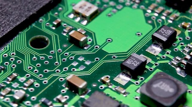 Electronic board with SMD components and a large microcircuit, video macro shooting