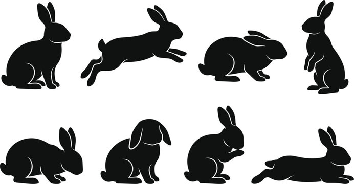 Set of black rabbit silhouettes in various poses isolated on white background for Easter design