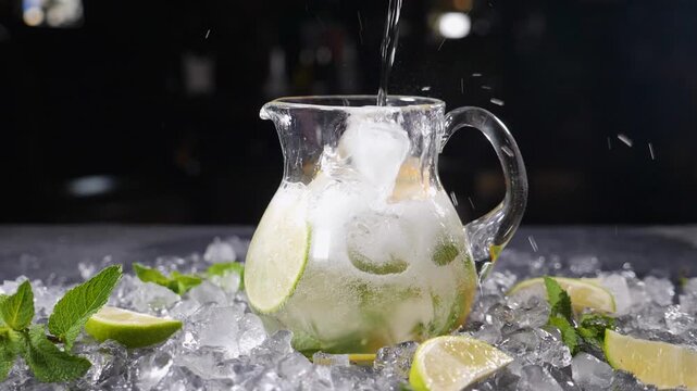 Water pouring from above into glass pitcher with lemonade, ice, lime and mint. Splashes and bubbles, dark background, refreshing summer drink. Professional photography. Slow motion Full HD video