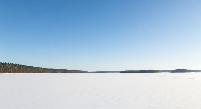 Winter landscape featuring smooth snowfields and a clear blue sky above a distant forest horizon.