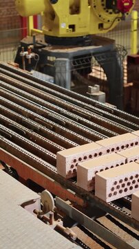 Industrial robot and perforated bricks on a chain conveyor at a brick factory