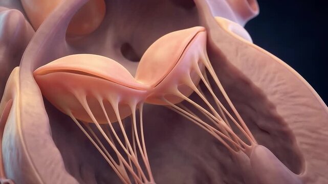 3D Medical Illustration of Human Heart Internal Anatomy Featuring Detailed Heart Valves, Chordae Tendineae, and Papillary Muscles for Cardiology Education