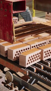 Gripper placing fresh perforated bricks onto a chain conveyor at a brick factory