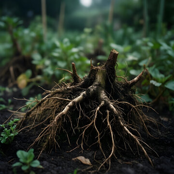 Deforestation and environmental loss, uprooted plant with exposed roots in soil ecological damage and habitat destruction in a garden