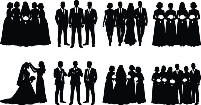 Wedding Party Silhouettes Set Featuring Bride Groom Bridesmaids Groomsmen and Bridal Preparation Vector Icons