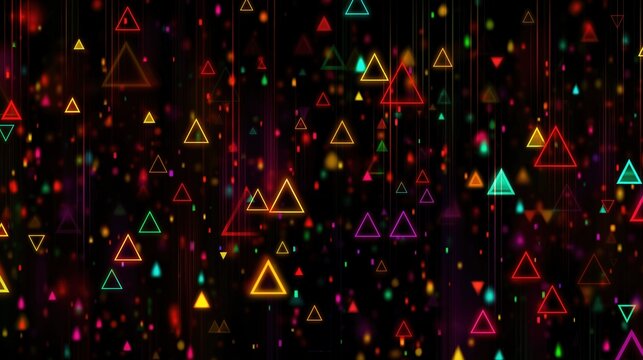 Neon outlined triangles and glowing particles on a black festive abstract field