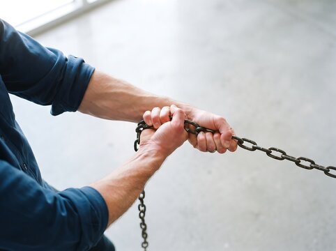 Person pulling a heavy metal chain with hands in a blue shirt