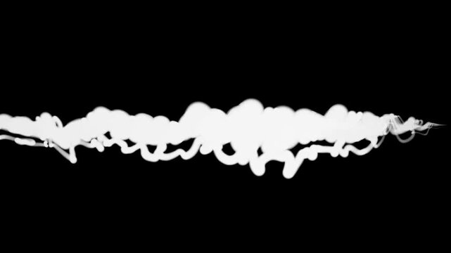 Horizontal white smoke trail flowing smoothly across screen with alpha channel transparency for rocket exhaust jet plume missile flying object VFX motion graphic compositing 4k
