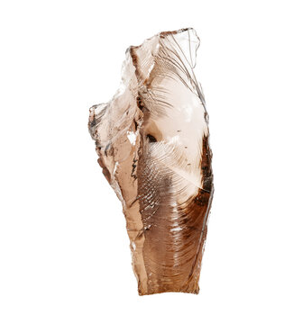 Natural smoky quartz crystal shard showcasing prominent conchoidal fracture. Educational template for mineralogy science textbook, geology research and museum