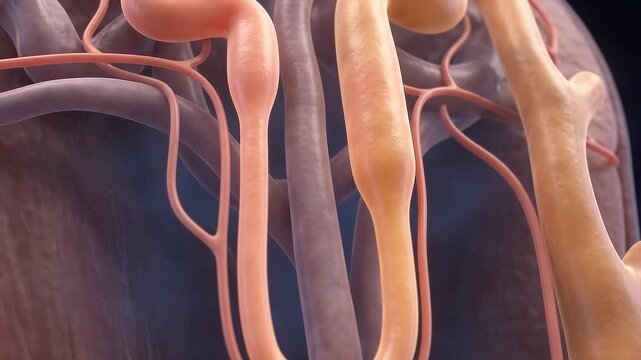 3D medical illustration of a kidney nephron showing tubules and the loop of Henle in a detailed anatomical view