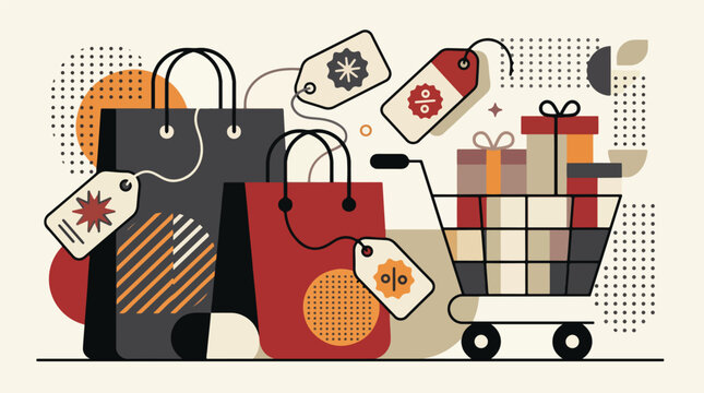 Shopping vector illustration featuring retail bags discount tags and gift boxes in modern style