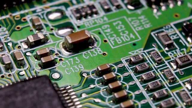 View of a part of an electronic printed circuit board with SMD components, macro video