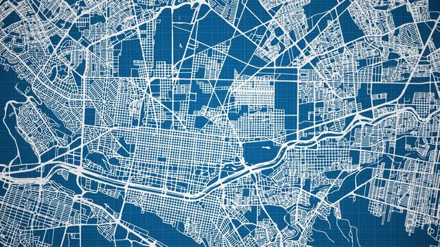 Ink reveal animation of Monterrey city, Nuevo Le&oacute;n, Mexico (M&eacute;xico) grid map. Aerial top view. Blueprint style. White lines with blue background. 4K Seamless loop.