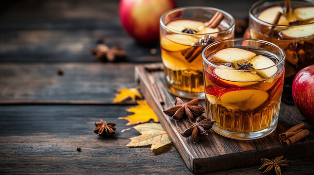 Fresh hot spiced apple cider drink in glass cups with cinnamon stick, star anise, and slice fruit on dark wood table, cozy autumn harvest season mood concept banner background with space for text mess