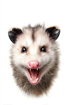 Cute opossum smiling with funny expression looking at camera on white background