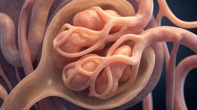 3D Medical Illustration of a Kidney Glomerulus and Bowman's Capsule showing Detailed Capillary Network and Renal Filtration Process