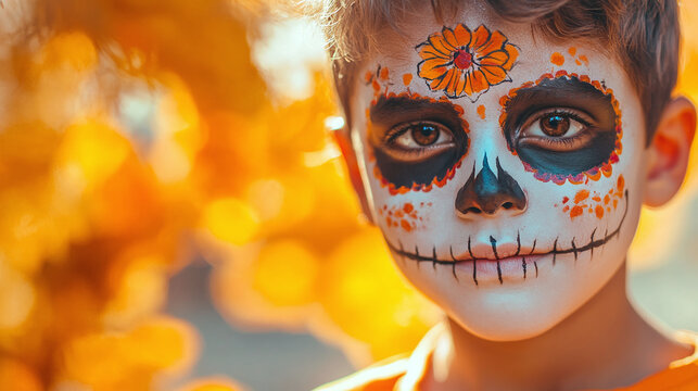 A young boy with colorful sugar skull face paint for Day of the Dead celebration, posing outdoors in front of a warm autumn foliage background with soft natural lighting and joyful cultural festival m