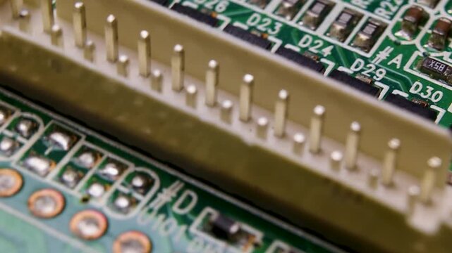 View of a part of an electronic printed circuit board with SMD components, macro video
