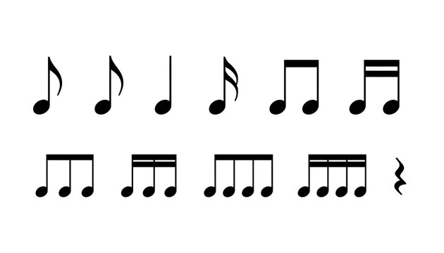Collection musical notation symbols two rows top row eighth note sixteenth note quarter note double eighth note bottom row 
