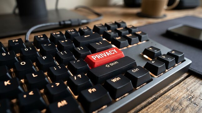 Close-up of keyboard with privacy key in modern office setting