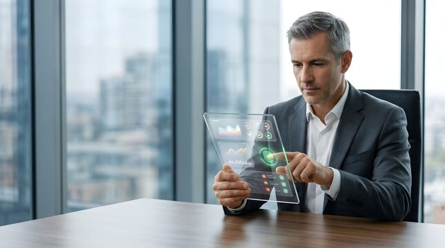 A professionally dressed individual engages with an interactive holographic display showing charts  sitting at a wooden table beside expansive glass overlooking a cityscape