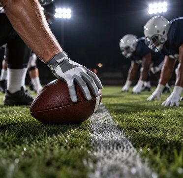 Close-up of gloved hand resting on American football at the line of scrimmage, opposing players in helmets crouched ready at night under stadium lights, sport game start concept