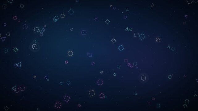 Colorful Floating Neon Geometric Shapes with Glowing Circles, Squares, Diamonds, Triangles and Hexagons on Dark Futuristic Background, Seamless Abstract 4K Motion Graphics Loop