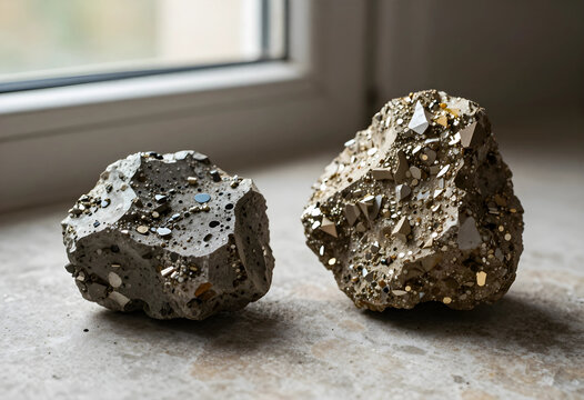 Geology and mineralogy research, raw pyrite crystals embedded in stone matrix for mining industry and earth science education on a natural windowsill