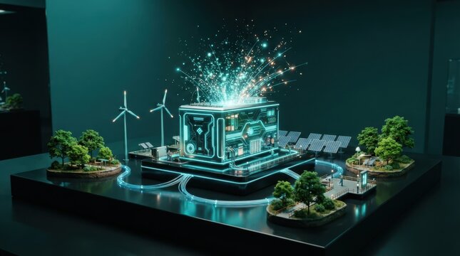 Futuristic energy concept with glowing central unit surrounded by renewable energy sources