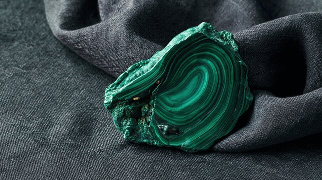 Polished malachite gemstone with swirling green banded pattern on dark gray fabric