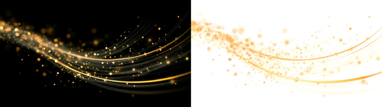 Golden wavy lines with light particles. Elegant smooth lines with sparkles on isolated background. Golden lines PNG. Light trail.