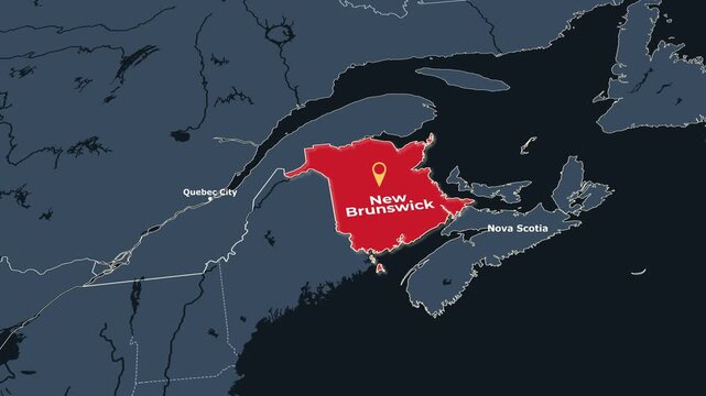 Animated map of New Brunswick, Canada, highlighting the province Animated map of New Brunswick, Canada, highlighting the province boundary and location within Canada. Useful for geography, education, 