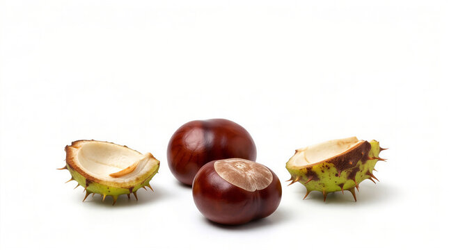 Fresh Horse Chestnuts with Open Spiky Husks Isolated on White Background