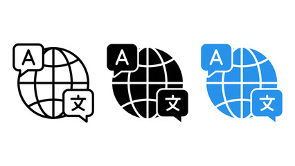 Set of translation icons with globe and speech bubbles containing letter a and chinese character, representing language translation and global communication © Growup Pixel