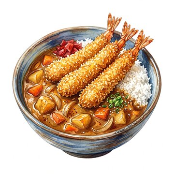 Watercolor illustration of a rich Japanese curry rice bowl topped with three crispy golden ebi furai deep-fried panko shrimps, potatoes, carrots, and fukujinzuke pickles, isolated on white background.