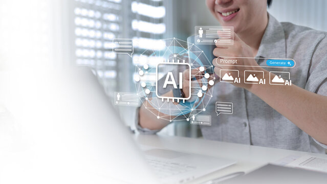 Artificial intelligence and generative ai concept with businessman using ai prompt generator on laptop