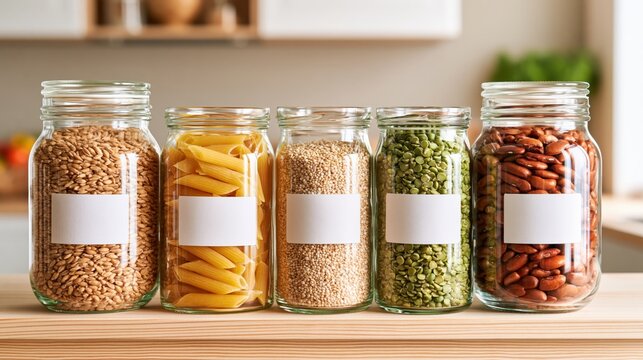 Bright kitchen shelf holds labeled jars of grains pasta legumes and beans