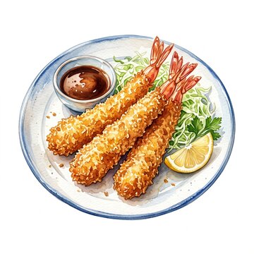 Watercolor illustration of three crispy golden ebi furai panko-breaded fried shrimps served on a ceramic plate with shredded cabbage, tonkatsu dip sauce, and a lemon slice, isolated on white backgroun