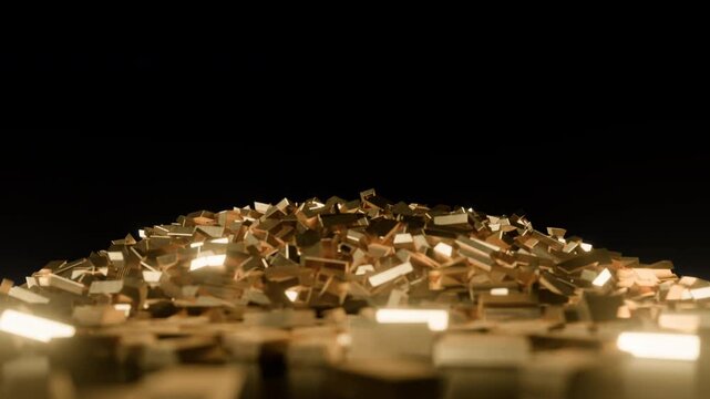 shiny metallic gold bullion bars pouring down and piling up into a mound on a reflective surface against a dark background
