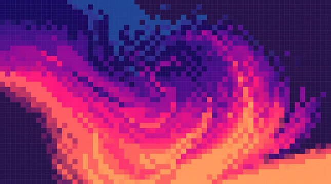 Abstract pixel art wave with neon purple and orange colors