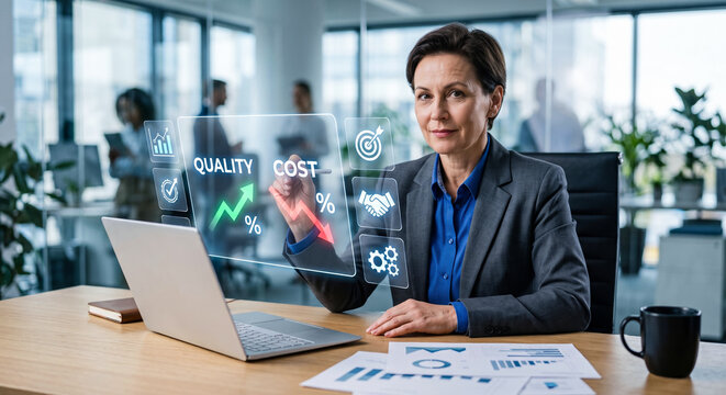 Businesswoman analyzing quality growth and cost reduction data on futuristic digital interface in modern office.