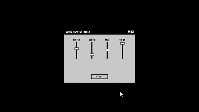 Animated retro pixel art 4K audio mixer console interface overlay with moving volume faders for vintage computer gaming and digital music