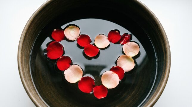 Dark Stone Water Basin with Rose Petals Arranged in Heart Shape