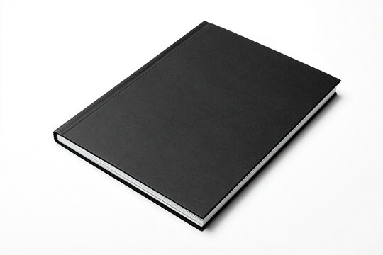 Black leather-bound journal standing upright against a white background.