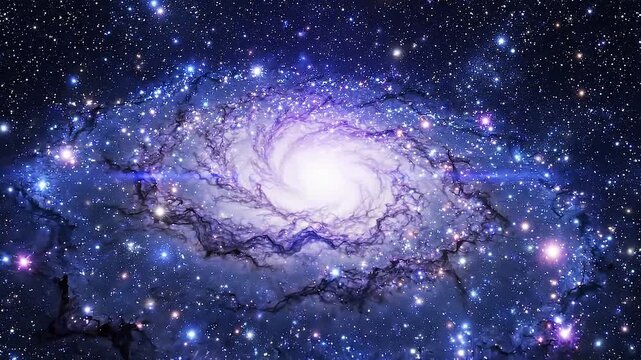 Rotating spiral galaxy in deep space: cinematic cosmic nebula and starfield background