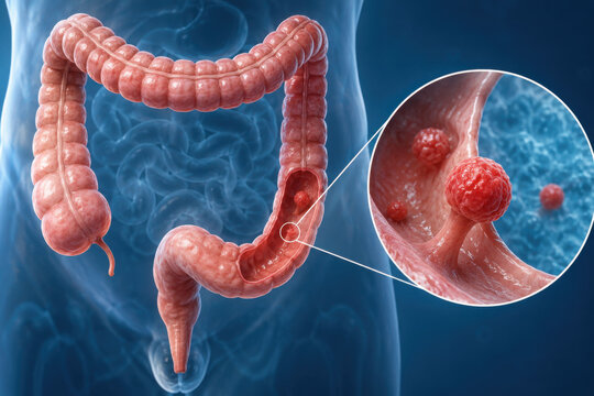 Anatomical illustration of human colon with zoomed inset showing red polyp cells against blue textured background, medical health concept for digestive disease