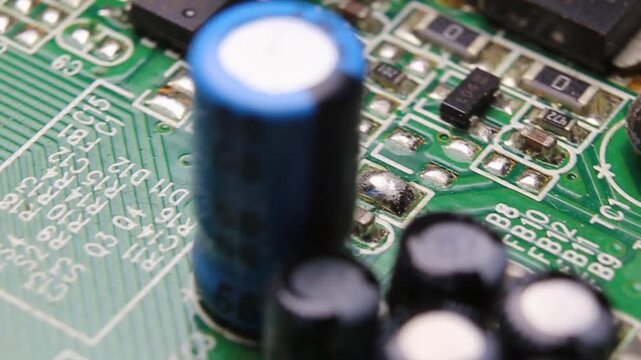 View of a part of an electronic printed circuit board with SMD components, macro video