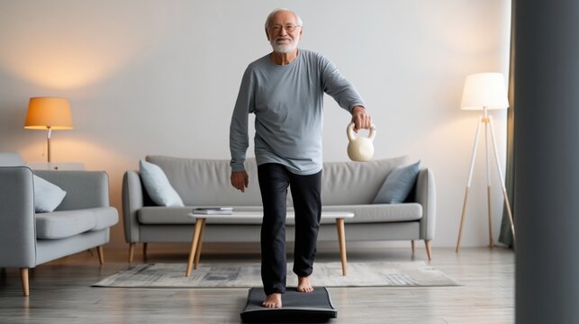 Senior man training balance at home standing on balance board and holding kettlebell in bright modern living room