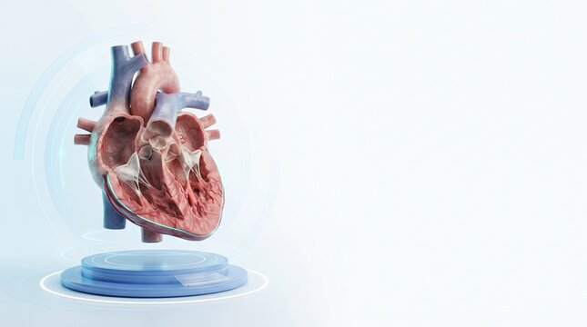 Anatomical model of a human heart displayed on a futuristic pedestal with a subtle blue glow effect