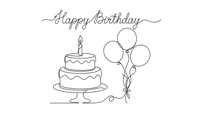 Single line art drawing of a birthday cake with candles and balloons birthday balloons celebration continuous minimalist